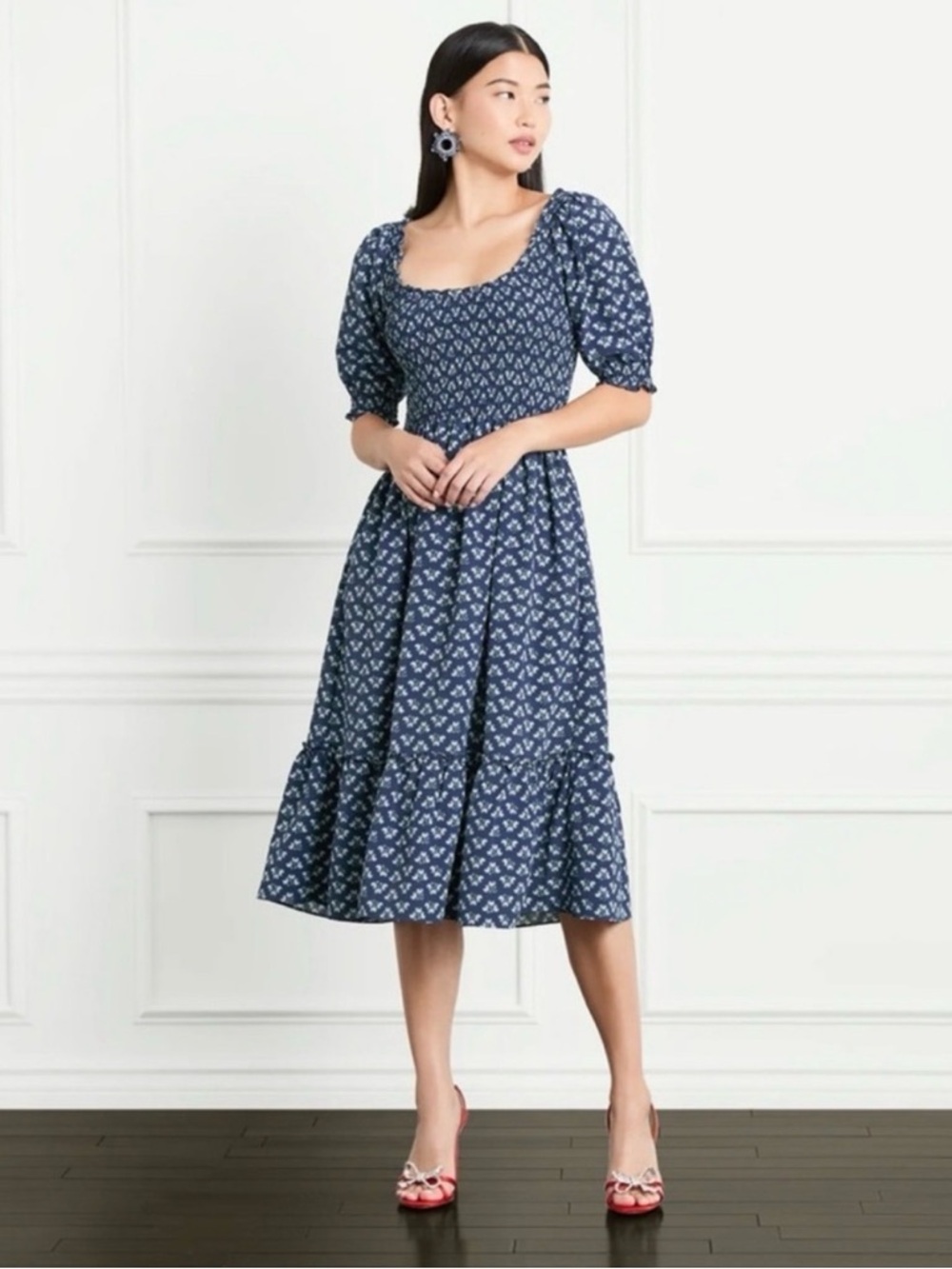 Hill House Louisa Puff Midi Dress Navy Posy